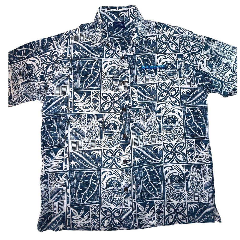 Aisokula Fiji Namotu Mens Blue White Tropical Tapa Print Button Down Shirt M